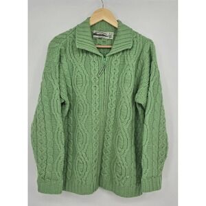Aran Crafts Green 100% Merino Wool Cableknit Fisherman Full Zip Sweater Mens M